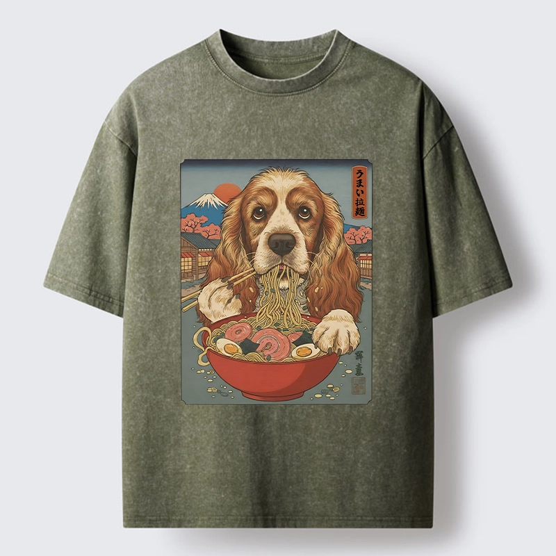 Tokyo-Tiger Dog Slurping Ramen In Japanese Style Washed T-Shirt