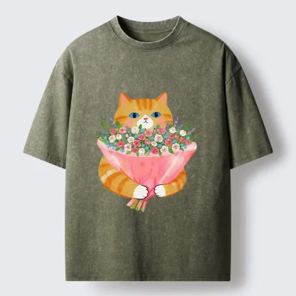 Tokyo-Tiger Cozy Cat Offering A Bouquet Washed T-Shirt