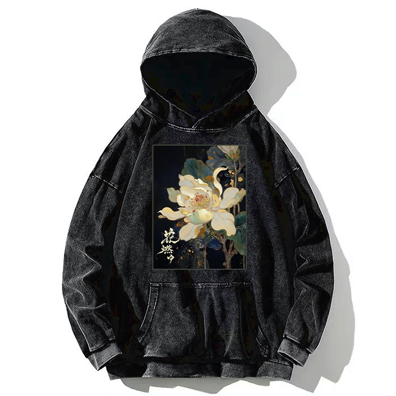 Tokyo-Tiger Lotus Adorned With Golden Specks Washed Hoodie