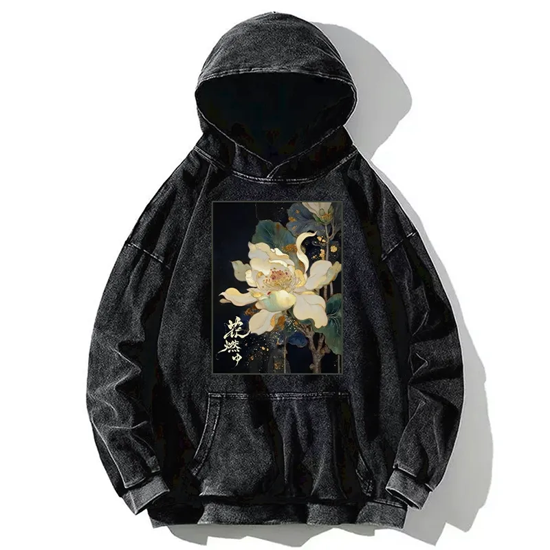 Tokyo-Tiger Lotus Adorned With Golden Specks Washed Hoodie