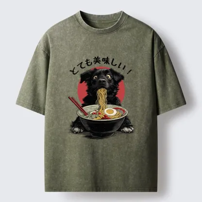 Tokyo-Tiger Dog Eating Ramen Joyfully Washed T-Shirt