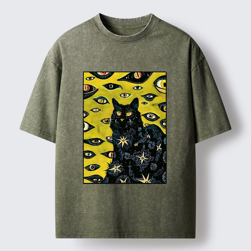 Tokyo-Tiger Cat With Many Eyes And Stars Washed T-Shirt