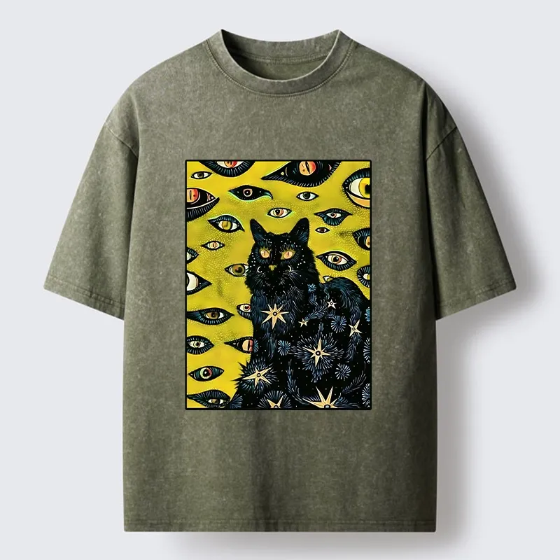 Tokyo-Tiger Cat With Many Eyes And Stars Washed T-Shirt