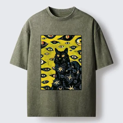 Tokyo-Tiger Cat With Many Eyes And Stars Washed T-Shirt