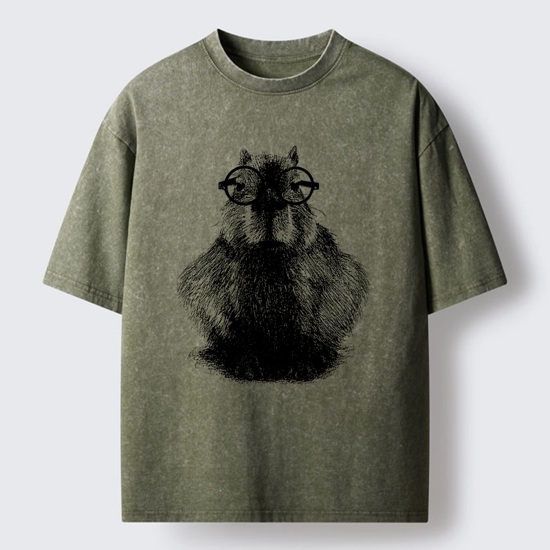 Tokyo-Tiger Smart Capybara With Glasses Washed T-Shirt
