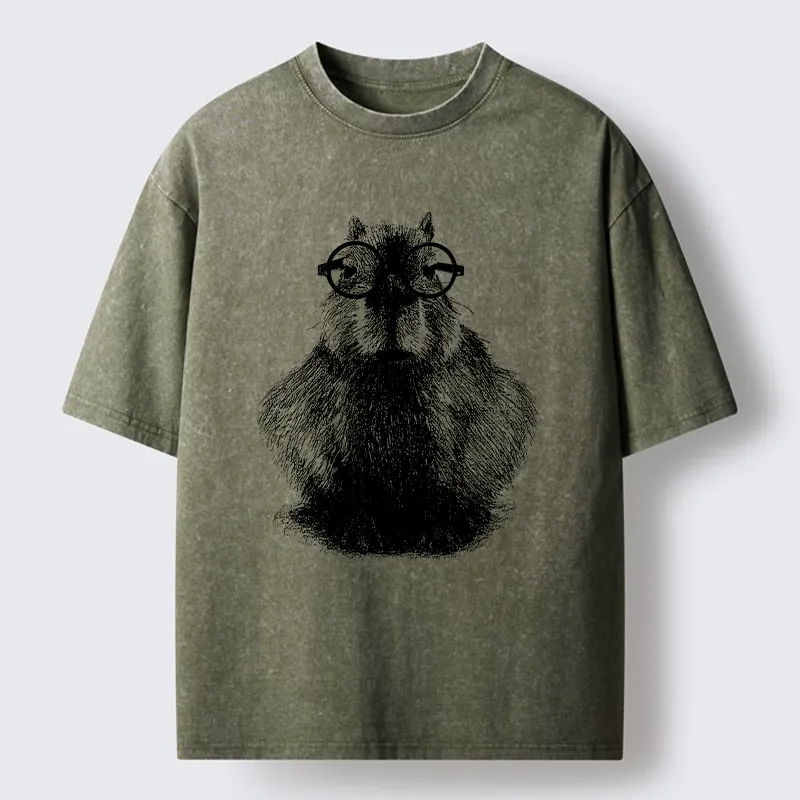 Tokyo-Tiger Smart Capybara With Glasses Washed T-Shirt