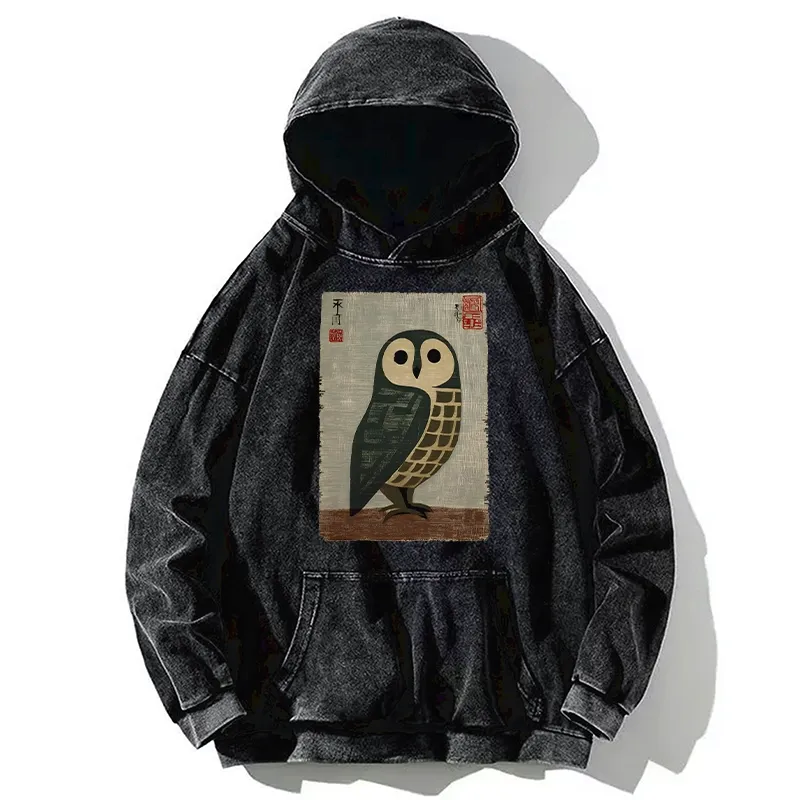 Tokyo-Tiger Traditional Owl In Japanese Art Washed Hoodie