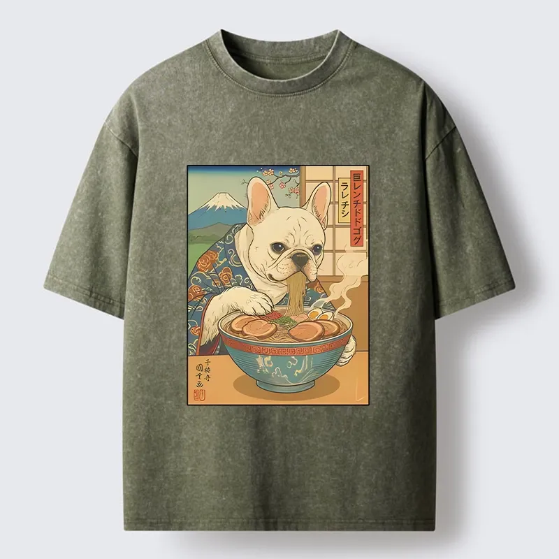 Tokyo-Tiger French Bulldog Ramen Art Washed T-Shirt