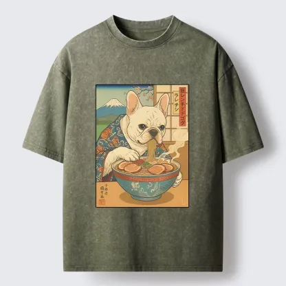 Tokyo-Tiger French Bulldog Ramen Art Washed T-Shirt