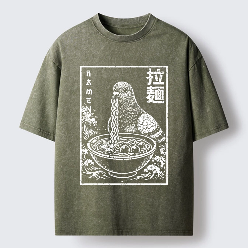 Tokyo-Tiger Pigeon Eating Ramen Art Washed T-Shirt