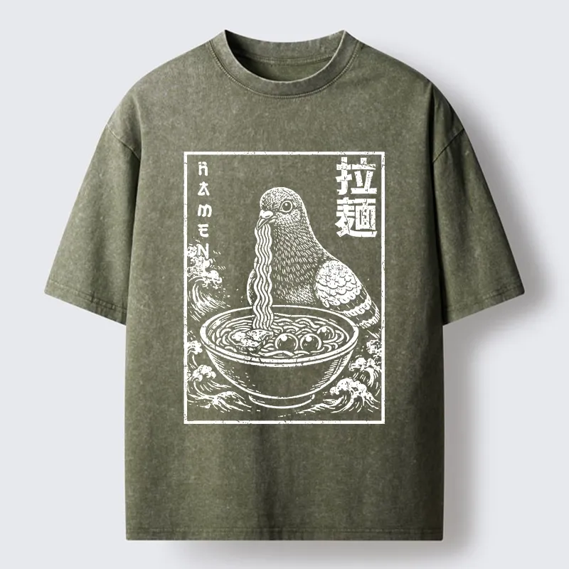 Tokyo-Tiger Pigeon Eating Ramen Art Washed T-Shirt