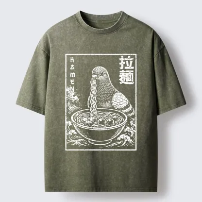 Tokyo-Tiger Pigeon Eating Ramen Art Washed T-Shirt
