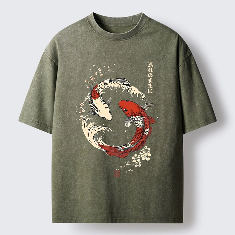 Tokyo-Tiger Elegant Koi Fish And Sakura Washed T-Shirt