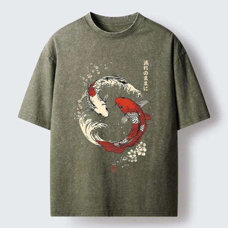 Tokyo-Tiger Elegant Koi Fish And Sakura Washed T-Shirt