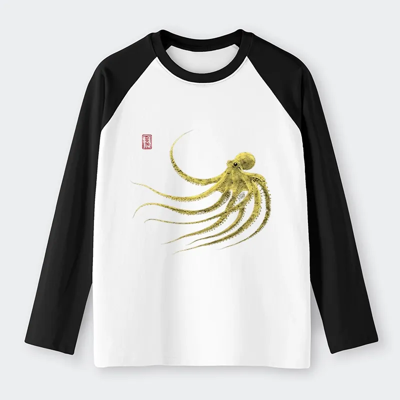 Tokyo-Tiger Retro Octopus Japanese Raglan Long Sleeve T-shirt