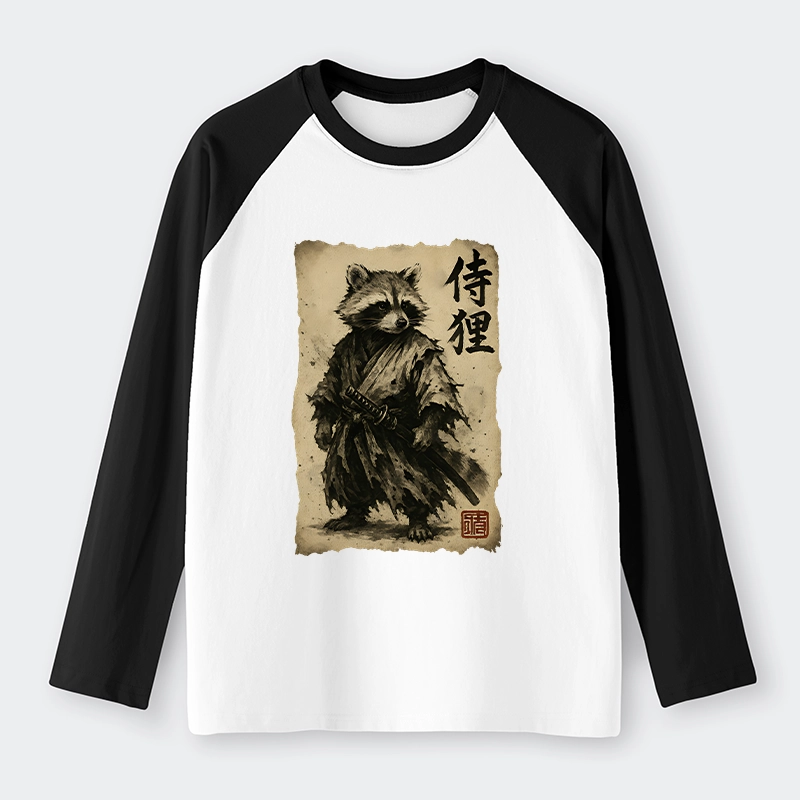 Tokyo-Tiger Retro Raccoon Samurai Raglan Long Sleeve T-shirt