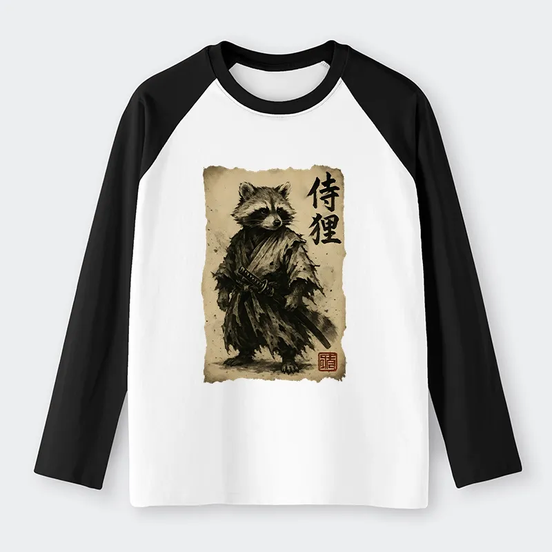 Tokyo-Tiger Retro Raccoon Samurai Raglan Long Sleeve T-shirt