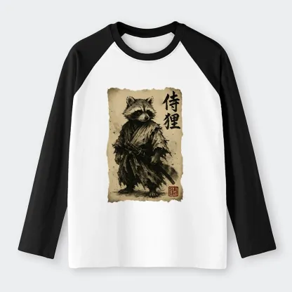 Tokyo-Tiger Retro Raccoon Samurai Raglan Long Sleeve T-shirt