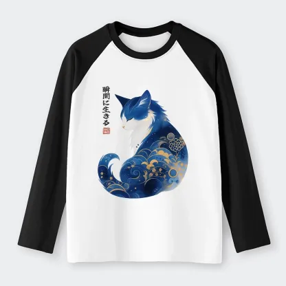 Tokyo-Tiger Retro Zen Cat: Living the Present Raglan Long Sleeve T-shirt
