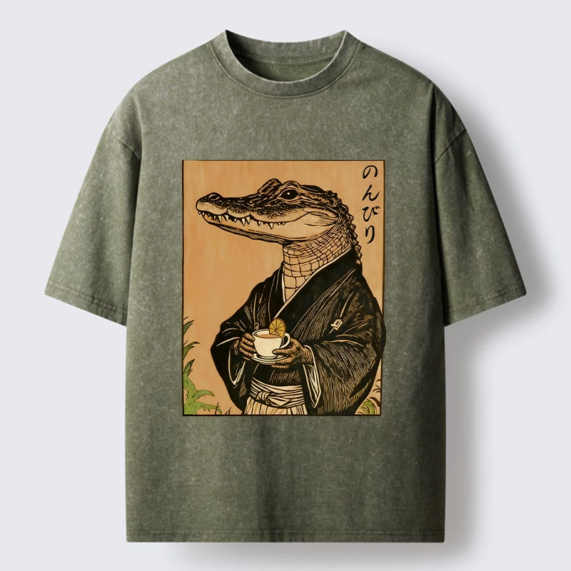 Tokyo-Tiger Alligator In Kimono Drinking Tea Washed T-Shirt