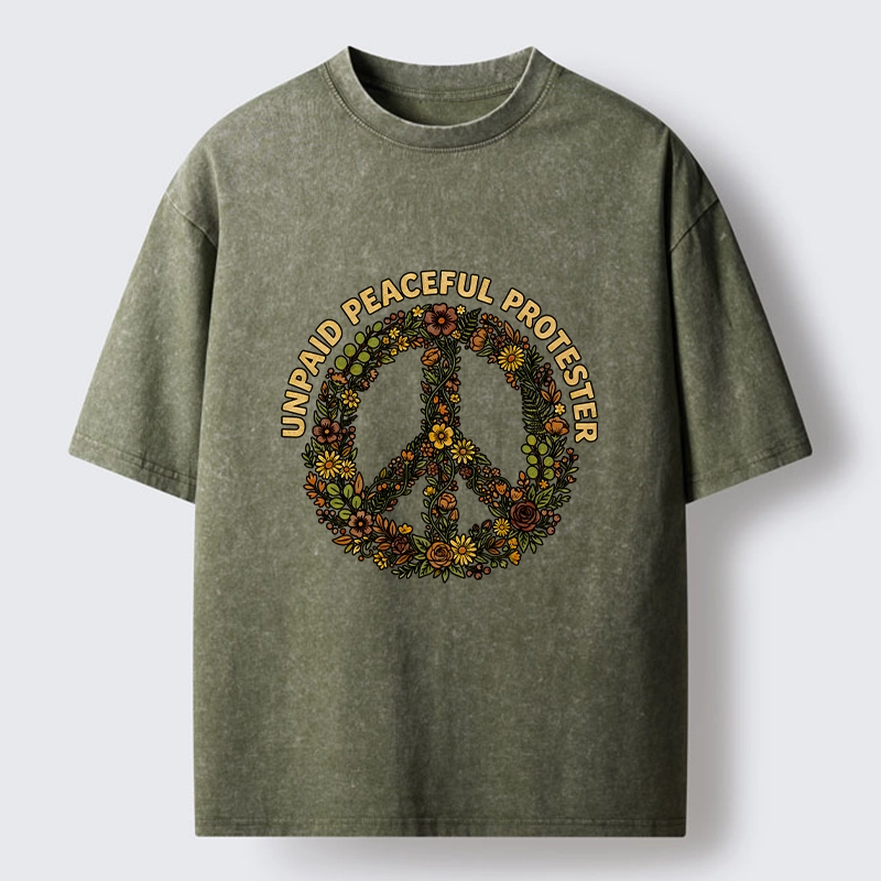 Tokyo-Tiger Vintage Floral Peace Symbol Print Washed T-Shirt