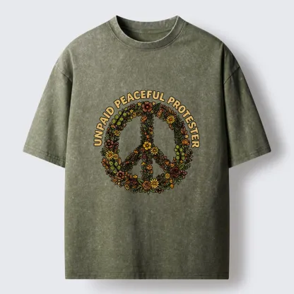 Tokyo-Tiger Vintage Floral Peace Symbol Print Washed T-Shirt