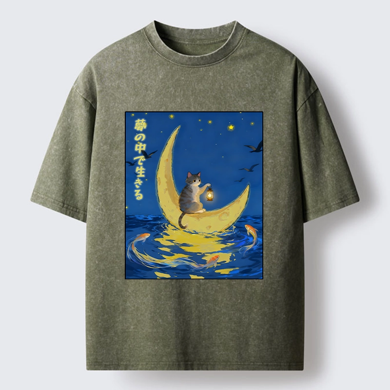 Tokyo-Tiger Cat On Moon Boat Over Sea Washed T-Shirt
