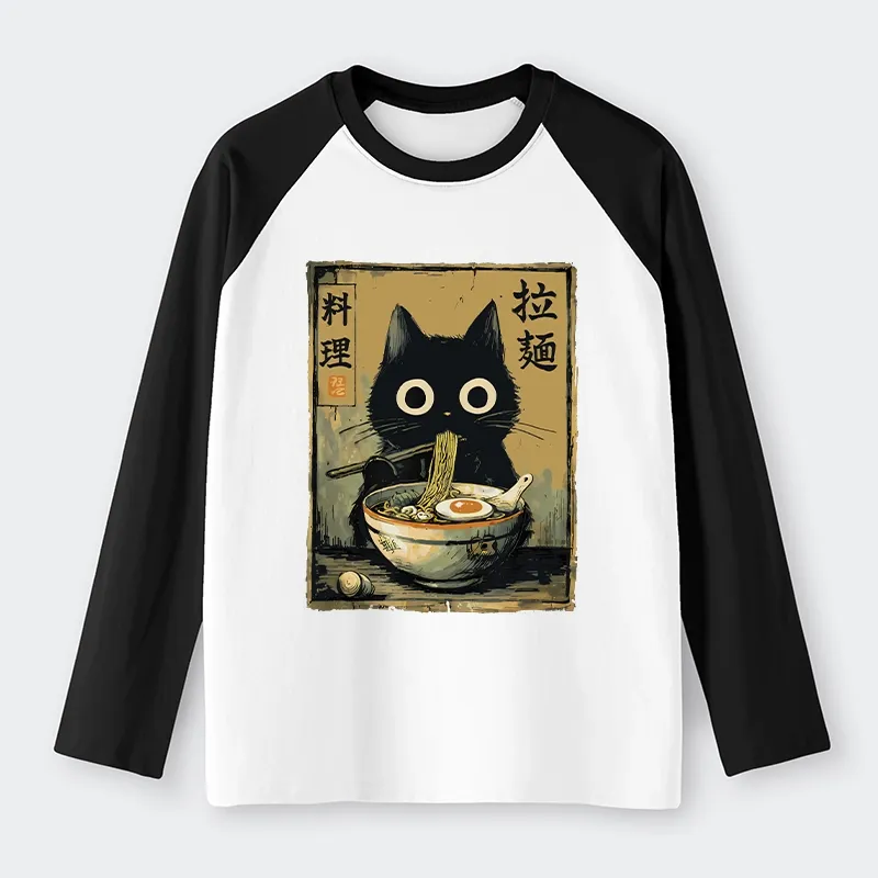 Tokyo-Tiger Cute Black Cat Eating Ramen Japan Raglan Long Sleeve T-shirt Sale