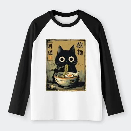 Tokyo-Tiger Cute Black Cat Eating Ramen Japan Raglan Long Sleeve T-shirt