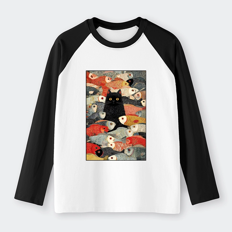 Tokyo-Tiger Cats And Fish Raglan Long Sleeve T-shirt
