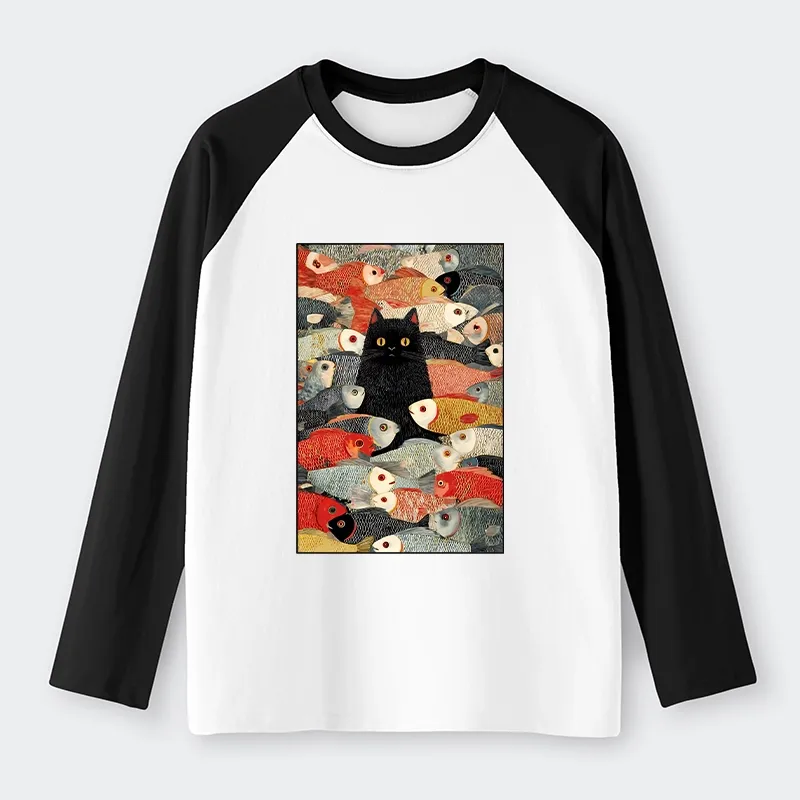 Tokyo-Tiger Cats And Fish Raglan Long Sleeve T-shirt