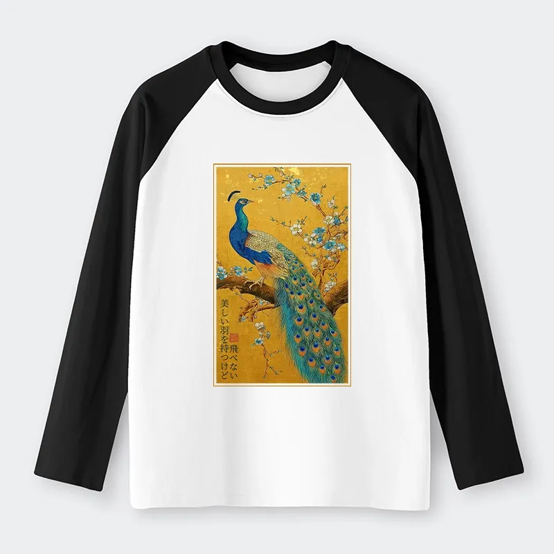 Tokyo-Tiger The Peacock's Silent Elegance Raglan Long Sleeve T-shirt Sale