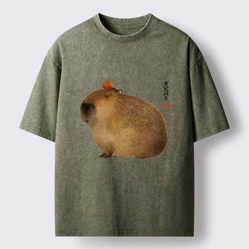Tokyo-Tiger Calm Capybara Illustration Washed T-Shirt Sale