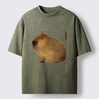 Tokyo-Tiger Calm Capybara Illustration Washed T-Shirt