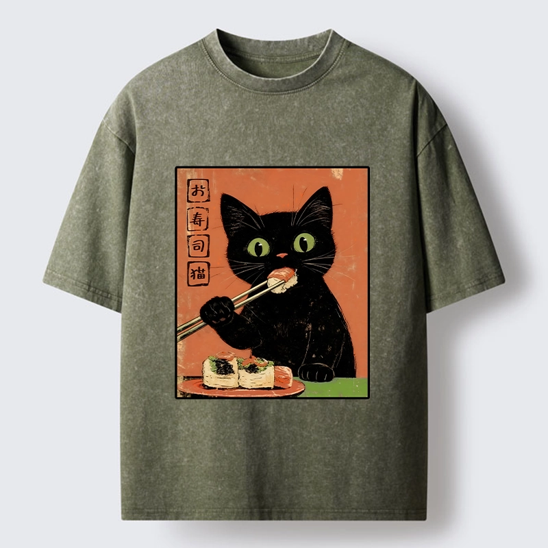 Tokyo-Tiger Japanese Style Sushi Cat Art Washed T-Shirt