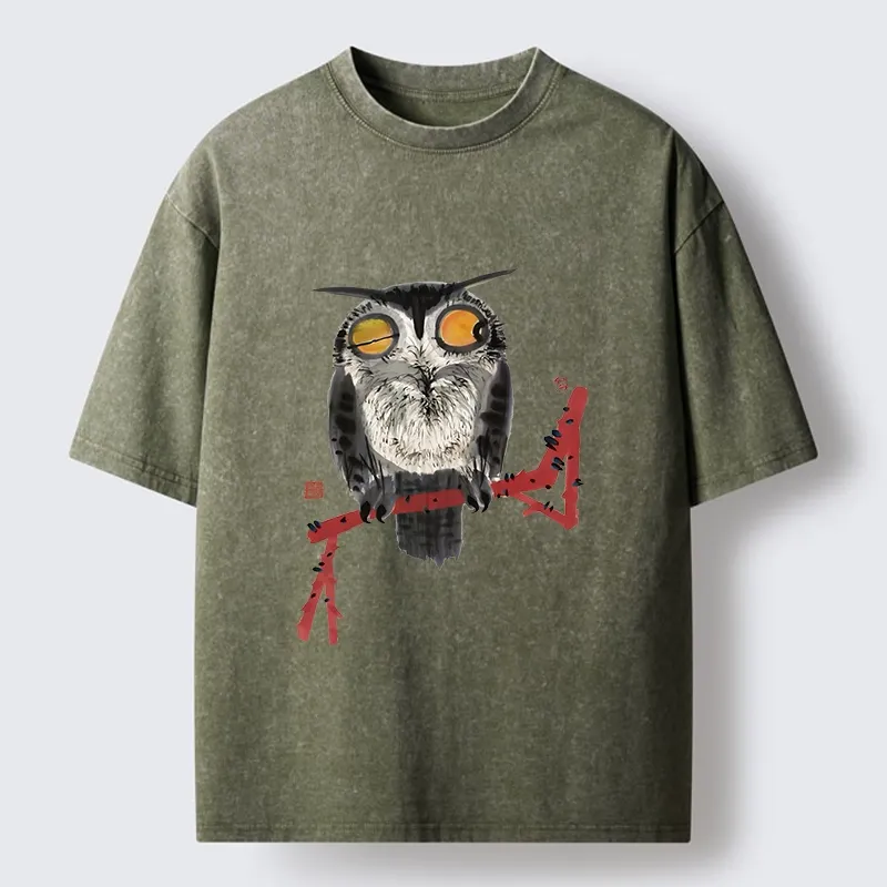 Tokyo-Tiger Ink Wash Owl On Red Branch Washed T-Shirt