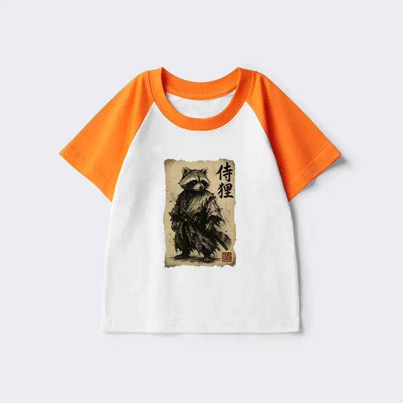 Tokyo-Tiger Retro Raccoon Samurai Kids Raglan T-shirt