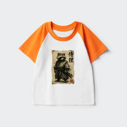 Tokyo-Tiger Retro Raccoon Samurai Kids Raglan T-shirt