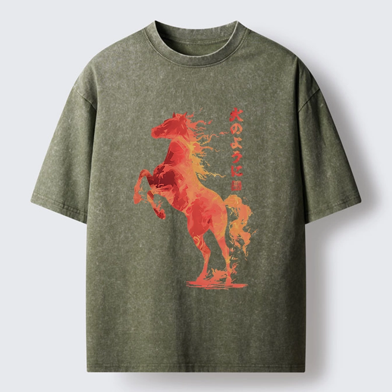 Tokyo-Tiger Fire Horse Japanese Art Washed T-Shirt Sale