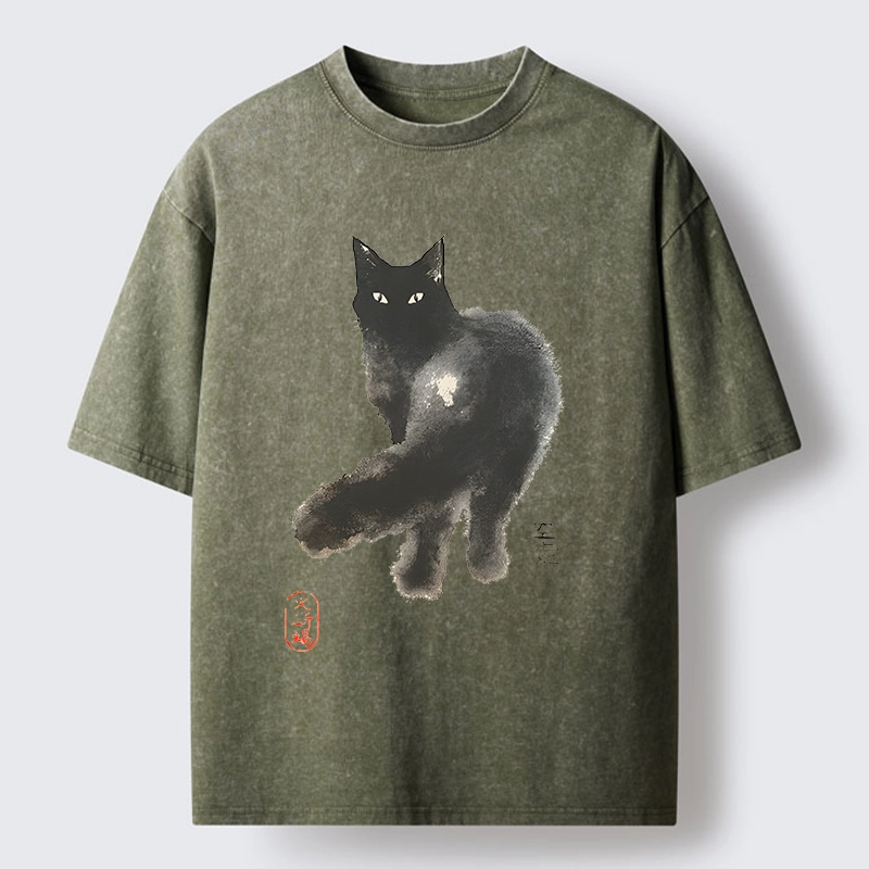 Tokyo-Tiger Black Cat Emptiness Ink Wash Washed T-Shirt
