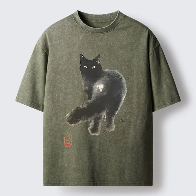 Tokyo-Tiger Black Cat Emptiness Ink Wash Washed T-Shirt