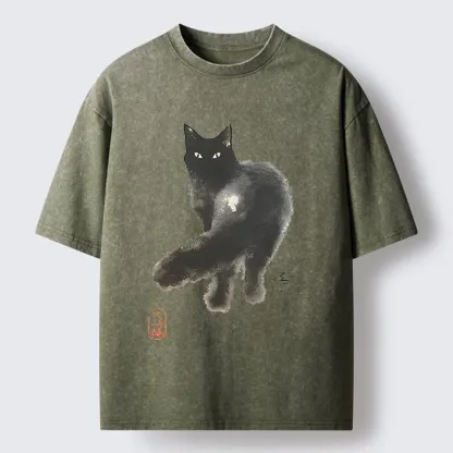 Tokyo-Tiger Black Cat Emptiness Ink Wash Washed T-Shirt