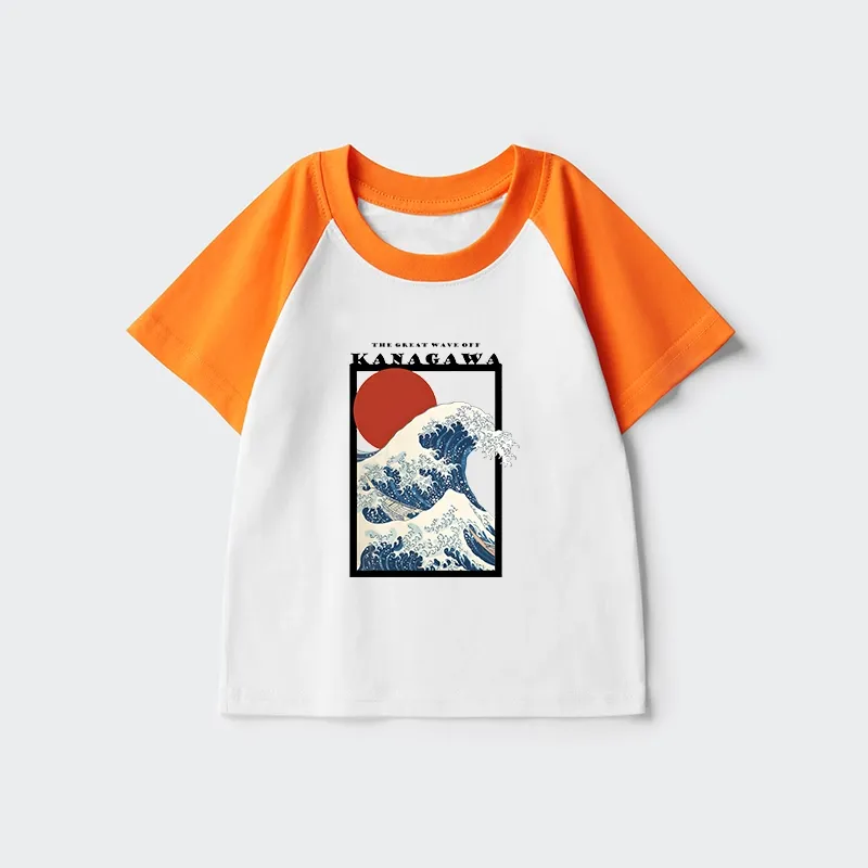Tokyo-Tiger Minimalist Ukiyo-e Waves Kids Raglan T-shirt