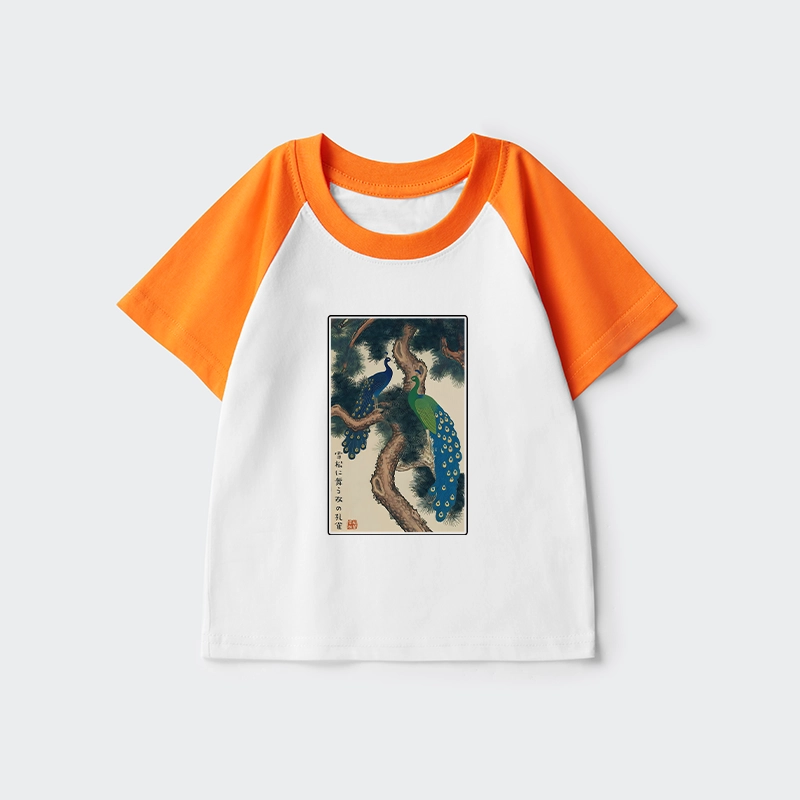 Tokyo-Tiger Peacocks in Snowy Pines Kids Raglan T-shirt