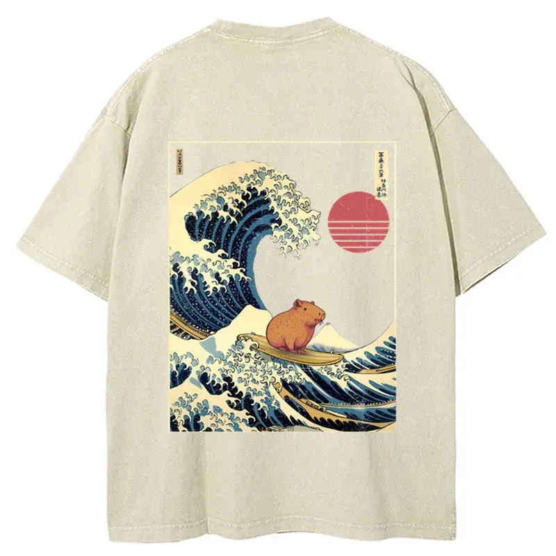 Tokyo-Tiger Capybara Surfing Back Washed T-Shirt