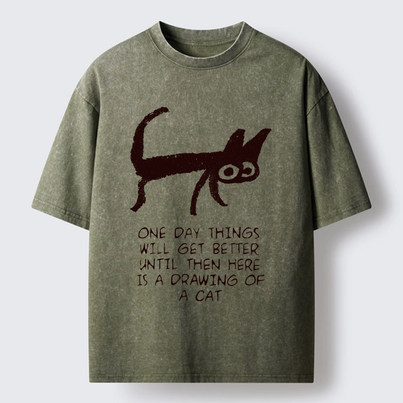 Tokyo-Tiger Cat Cheer Up Drawing Washed T-Shirt Sale