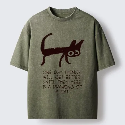 Tokyo-Tiger Cat Cheer Up Drawing Washed T-Shirt