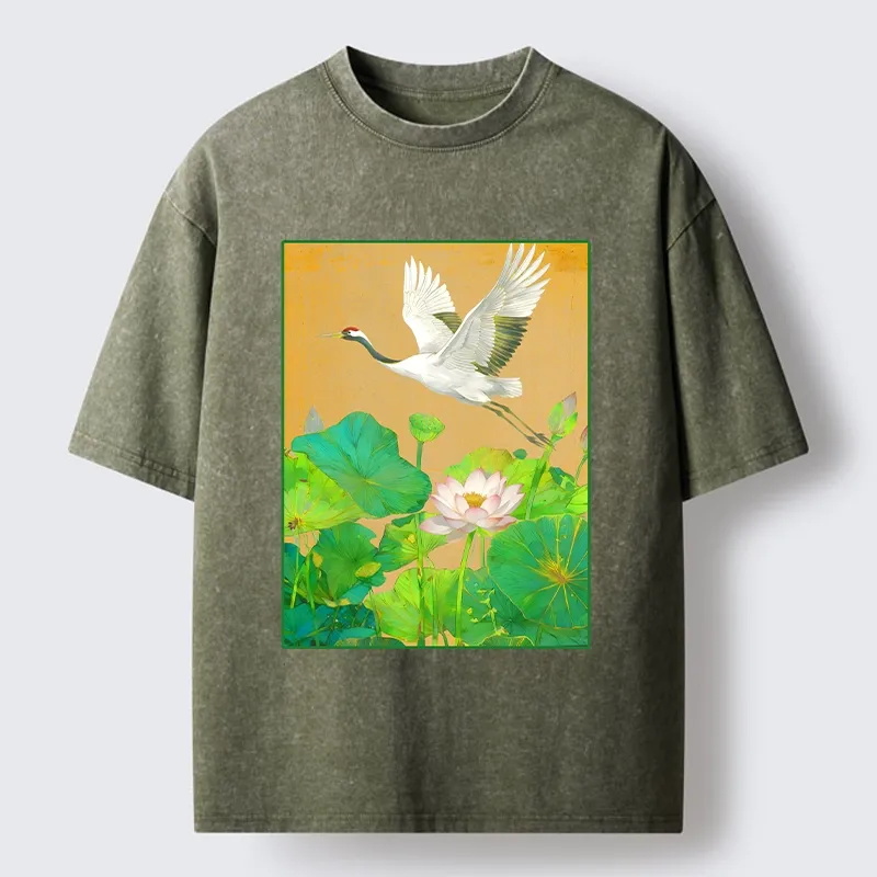 Tokyo-Tiger Crane Flying Over Lotus Art Washed T-Shirt