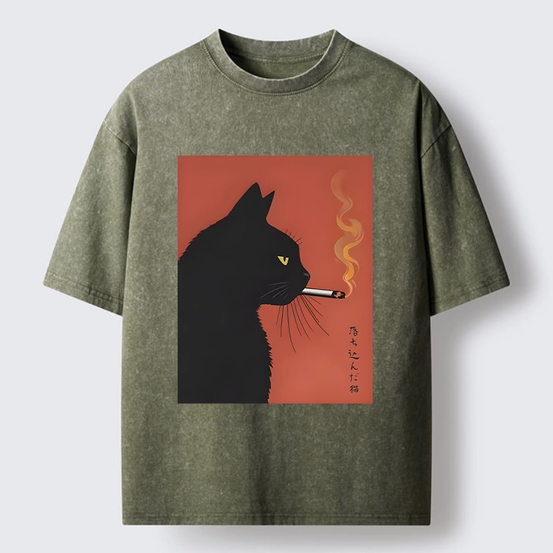 Tokyo-Tiger Black Cat With Cigarette Washed T-Shirt Sale