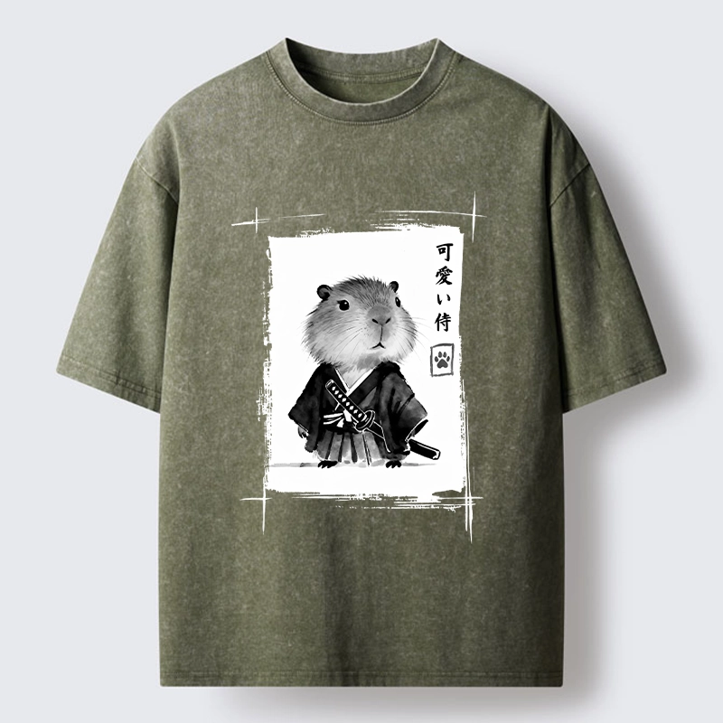 Tokyo-Tiger Cute Samurai Capybara Meme Washed T-Shirt